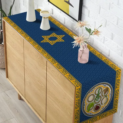 Vista 6 de Camino de mesa de Pascua Seder Plate Pesaj Matzoh Estrella de David Festival Judío Festividad Fiesta Cocina Comedor Decoración del Hogar