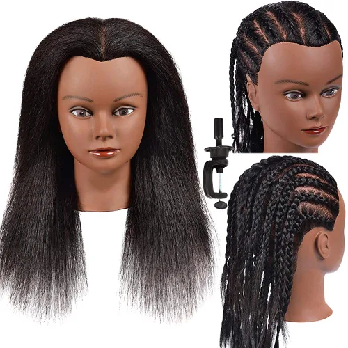 Vista 13 de Headdoll Cabeza de maniquí de 26 a 28 pulgadas, cabeza de maniquí para peinar el cabello y soporte de mesa libre, cabeza de entrenamiento, maniquí
