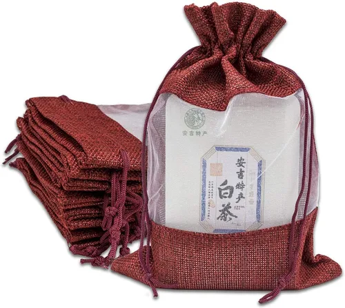 Vista 34 de TheDisplayGuys para tu vida moderna - Paquete de 12 bolsas de regalo pequeñas de arpillera de lino y organza con cordones (8.9x14 cm, gris)
