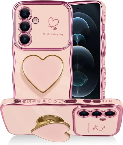 Vista 26 de Funda para Samsung Galaxy S22 Love-Heart Holder Case Cute Black Luxury Wave Frame forma rizada con corazón de amor, cubierta protectora de TPU suave