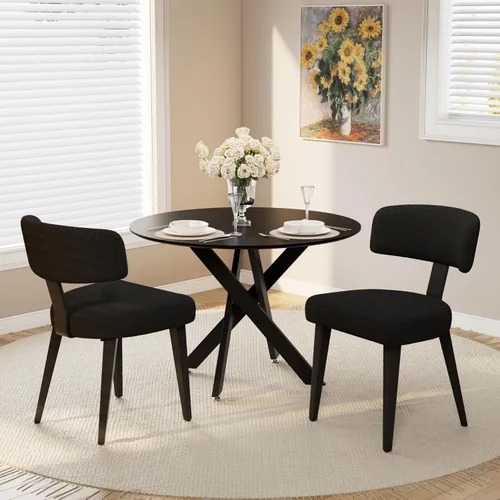 Vista 30 de Juego de mesa de comedor de madera para 2, mesa de cocina redonda de 36 pulgadas con 2 sillas de comedor Boucle, mesa de MDF con patas de metal