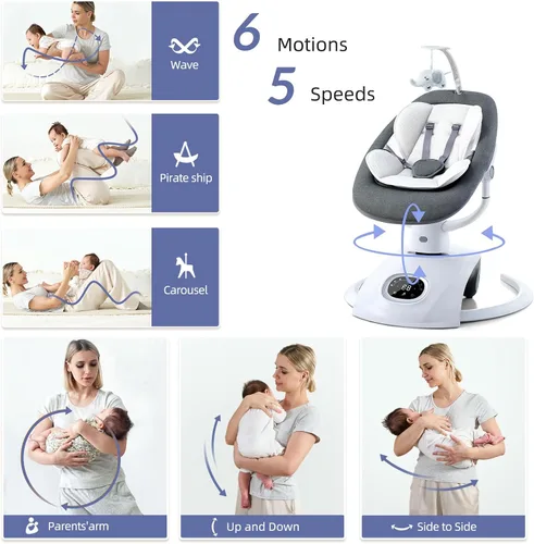 Vista 2 de VaVaSoo Mamroo - Columpio eléctrico automático para bebés con control remoto, 5 velocidades, 13 melodías, gris claro (Gary)