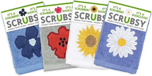 Vista 6 de MÜkitchen SCRUBSY 100% Cotton Kitchen Dish Cloth with Built in Scrubber Kit Various Designs and Super Absorbent Set of 4 (Avian)