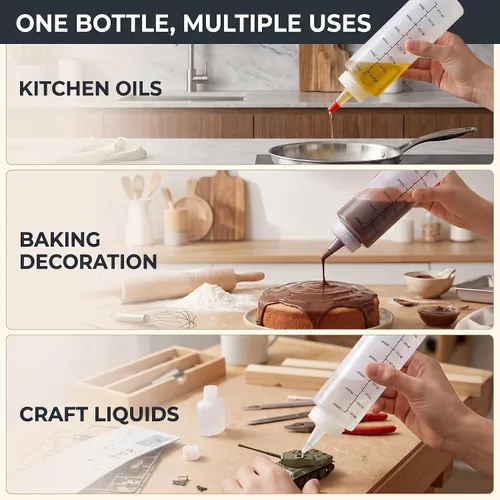 Vista 7 de Botellas de condimentos exprimibles de 8.5 fl oz/8.80Z, botellas exprimibles para salsas, botella medidora pequeña con boquilla, dispensación