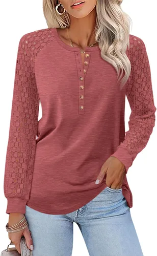 Vista 21 de Minetom Camisetas de manga larga con encaje para mujer, blusas casuales