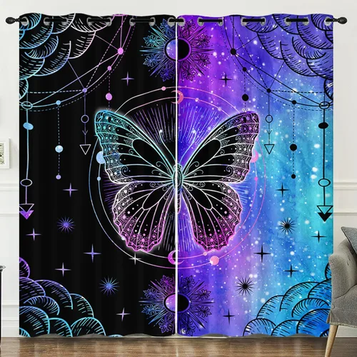 Vista 12 de HOSIMA Cortinas mágicas de hongos 2 paneles, cortinas de mariposa floral con mandala para sala de estar, decoración de habitación de moda para niñas