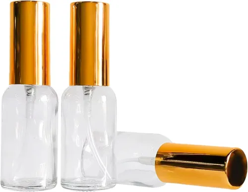 Vista 5 de Paquete de 12 botellas de vidrio transparente de 1 onza para aceites esenciales, botella de spray pequeña, aerosol de niebla fina, rociador dorado