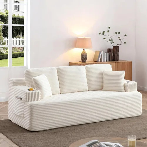 Vista 12 de Sofá sin hueso de 66.5 pulgadas con portavasos y bolsillos laterales, sofá biplaza tapizado de tela de pana moderna con 2 almohadas para sala
