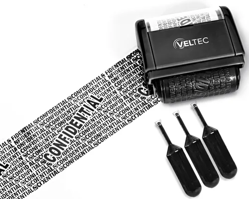 Vista 4 de Veltec Rodillo de tinta protector de identificación - Juego de sellos de rodillo de protección contra robo de identidad (negro, sello + 3 recambios)