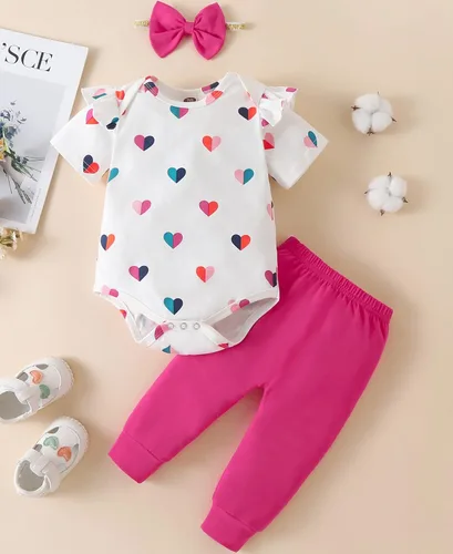 Vista 2 de Fullfamous Conjunto de mameluco y pantalón de manga larga con volantes para niña de 3 piezas
