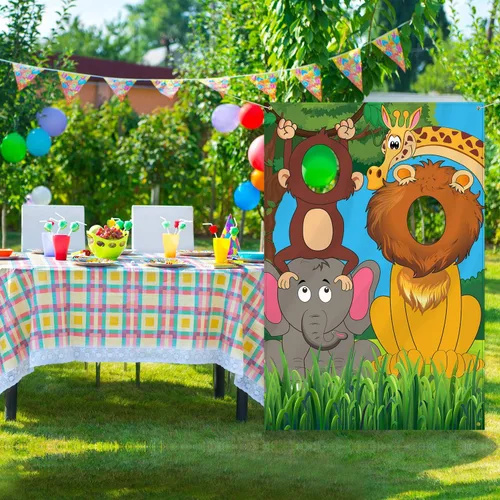 Vista 7 de Blulu Telón de fondo de fiesta de animales de la selva de 59 x 39.4 pulgadas, pancarta grande para cabina de fotos para fiestas de cumpleaños