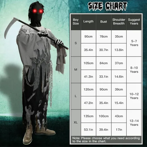 Vista 5 de Dekewe Disfraces de Halloween de la parca para niños y niñas, disfraz de Halloween aterrador con ojos brillantes de la guadaña Cosplay