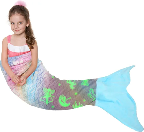 Vista 9 de Catalonia Manta de cola de sirena para niñas, saco de dormir de sirena que brilla en la oscuridad para niños de 3 a 14 años, regalo de sirena