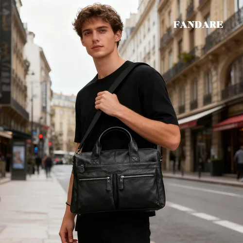 Vista 2 de FANDARE Maletín de cuero vintage para hombre, bolso de mano para portátil