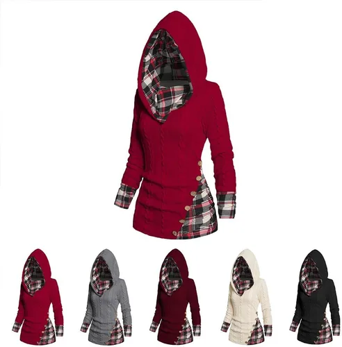 Vista 3 de Plaid Splicing Button Decor Cable Hoodie, Womens Hoodies Long Sleeve Hooded Shirts Casual Pullover Sweatshirts