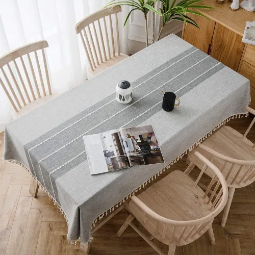 Vista 4 de Mantel rectangular para comedor, elegante mantel de lino de granja para cocina y mesa, elegante mantel impermeable para mesa, rayas grises clásicas