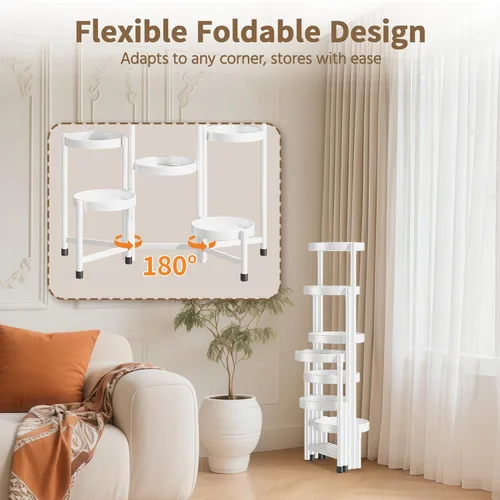 Vista 2 de LASZOLA Soporte para plantas de 7 niveles plegable alto para interior con múltiples macetas grandes, estante de flores ajustable de metal resistente