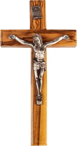 Vista 2 de Crucifixión con cruz tallada en madera de olivo hecha a mano de Jesús INRI de Tierra Santa Jerusalén bendito recuerdo cristiano regalo decoración