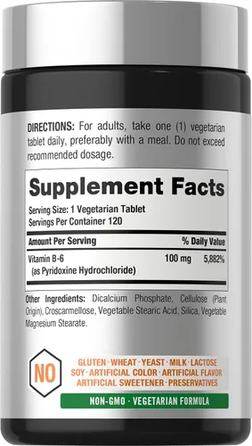 Vista 2 de Horbaach Vitamina B6 100mg 120 Tabletas Piridoxina HCl