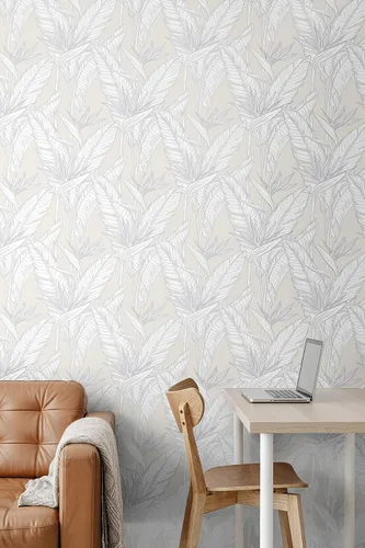 Vista 3 de NextWall Stacy Garcia Home Birds of Paradise - Papel tapiz autoadhesivo (gris perla y plateado metálico)