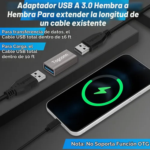 Vista 4 de Paquete de 2 acopladores USB, carcasa de aluminio USB 3.0 tipo A hembra a hembra, compatible con transferencia de datos de 5 Gbps y carga rápida USB