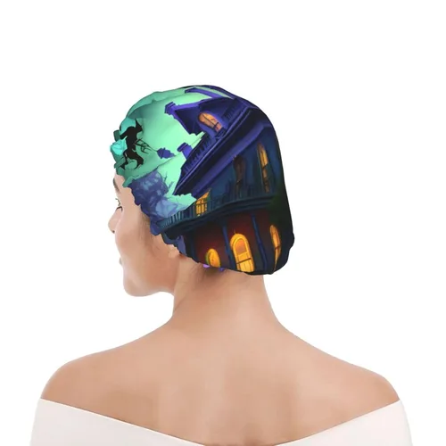Vista 8 de Gorro de ducha reutilizable con estampado de mansiones embrujadas negras para mujer, doble capa impermeable, gorro de baño de secado rápido