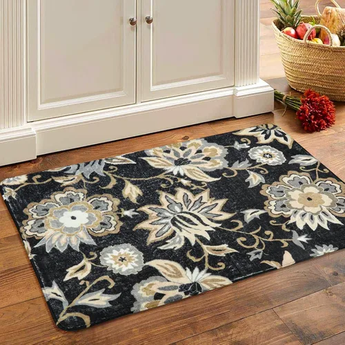 Vista 2 de Lahome - Tapete floral con estampado de cachemira, lavable, antideslizante, pequeño, anti-manchas, suave, para baño, entrada, dormitorio, Negro