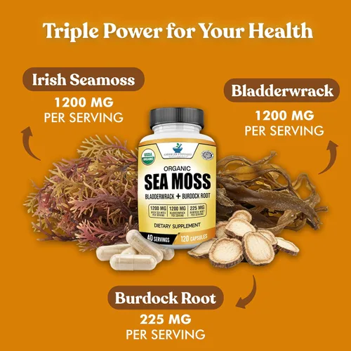 Vista 4 de American Standard Supplements Cápsulas orgánicas de musgo marino, vejiga y raíz de bardana, 1200 mg de Seamoss, 1200 mg de vejiga de vejiga, 225 mg