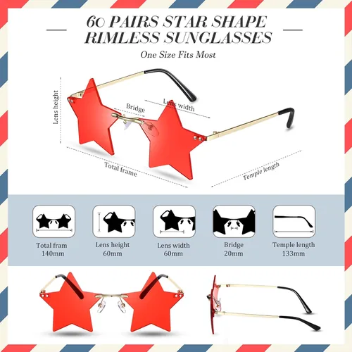 Vista 2 de Kathfly Paquete de 60 lentes de sol sin montura en forma de estrella para mujeres y hombres, lentes de pentagrama, lentes transparentes para fiestas