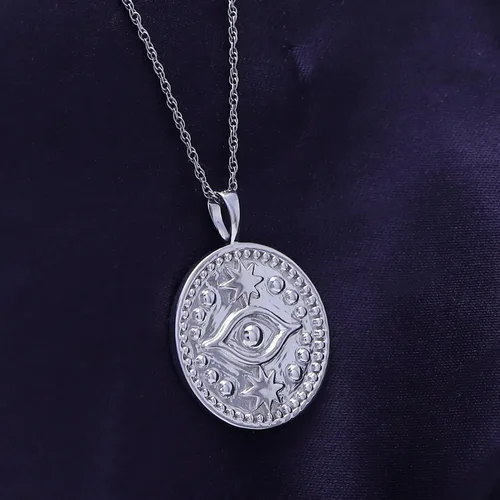 Vista 4 de AFFY Collar con dije de moneda de mal de ojo en oro de 14 quilates sobre plata esterlina para mujer con cadena de cuerda de 18 pulgadas