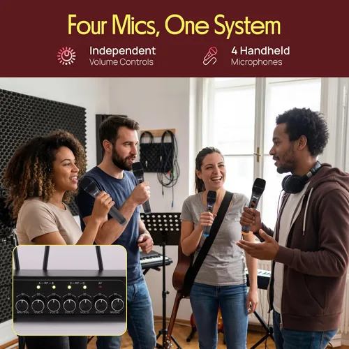 Vista 5 de Pyle Micrófonos inalámbricos, micrófonos duales UHF profesionales para karaoke, sistema de micrófono dinámico inalámbrico con receptor recargable