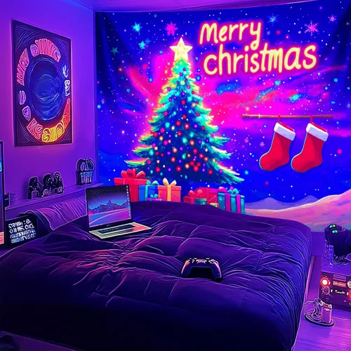Vista 3 de NYZE - Tapiz de Navidad con Papá Noel, tapiz de luz negra que brilla en la oscuridad, colgante de pared, banner festivo, decoración para fiesta
