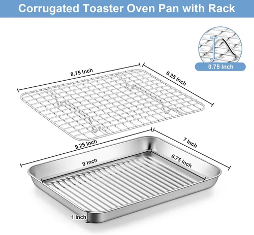 Vista 2 de TeamFar Molde para horno tostador con rejilla de enfriamiento, mini bandeja de acero inoxidable para horno tostador compacto, 9 pulgadas, fondo