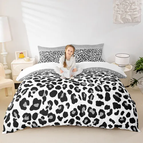 Vista 13 de Juego de funda de edredón para niños, tamaño individual, diseño de cebra y leopardo con purpurina, decoración de habitación para niñas y mujeres