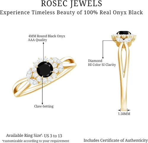 Vista 6 de Anillo de compromiso con halo de flor de diamante y ónix negro certificado para mujer Calidad AAA