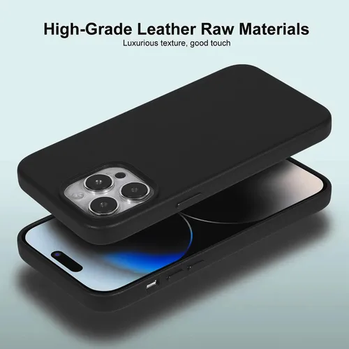 Vista 3 de Funda de piel para iPhone 14 Pro Max compatible con MagSafe, funda de piel de vaca auténtica de grano completo, botones de metal galvanizado, forro