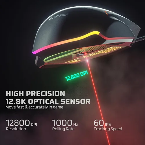 Vista 4 de LTC GM-021 Ratón para juegos con cable, sensor óptico de alta precisión de 12800 DPI, 7 botones programables, RGB personalizable, forma ergonómica
