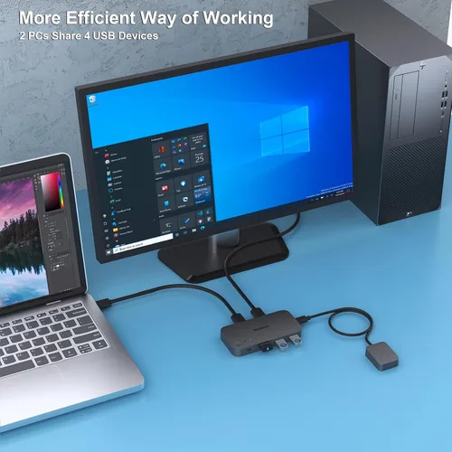 Vista 3 de Interruptor USB 3.0, Conmutador USB 2 Computadoras Comparten 3*USB 3.0 y 1*USB C con Control Remoto para PC Ratón Teclado Impresora Escáner