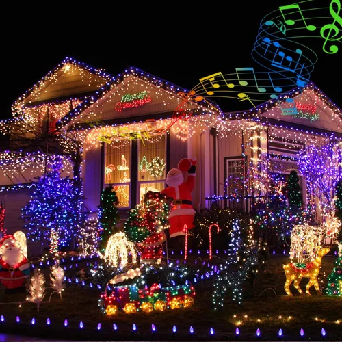 Vista 5 de Toodour - Luces LED de Navidad para exteriores, 131 pies, 350 luces LED para interiores con música, sensor de movimiento, luces de árbol de Navidad