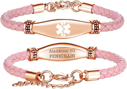 Vista 12 de LinnaLove Rose gold Medical Alert Bracelet for Women, Elegant Braided Pink Leather ID Jewelry, Adjustable Extension Fits 6.5"-8" Wrists