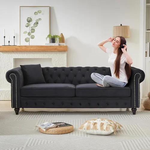 Vista 12 de Sofá Chesterfield de terciopelo grande de 85.5 pulgadas, sofá moderno de 3 plazas con brazos enrollados con diseño de botón y 2 cojines para sala