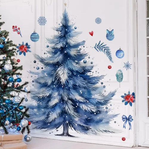 Vista 4 de 59x47 Pulgadas Adhesivos de Árbol de Navidad Azul Grande para Pared, Extraíbles DIY, Adhesivos de Árbol de Navidad Acuarela Gigantes para Baño