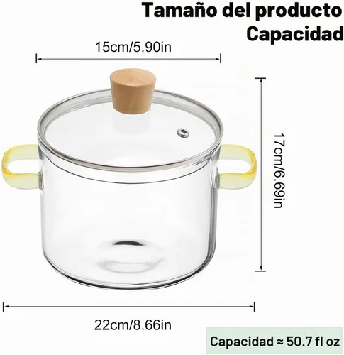 Vista 2 de Olla de cocina de vidrio transparente de 1.5L 2 litros con colador y tapa, resistente a la estufa con tapa, asas antiquemaduras, cacerola de vidrio