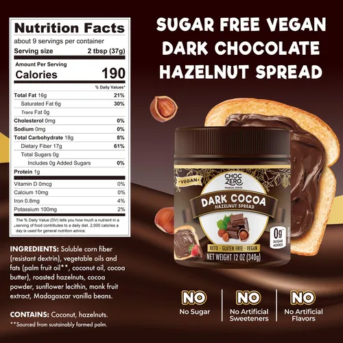 Vista 2 de ChocZero Crema de chocolate amargo con avellana sin azúcar, vegano, tarro de 12 onzas Sin alcoholes de azúcar, keto, bajo en carbohidratos, alto