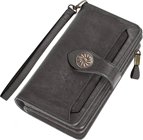 Vista 6 de Travelambo Billetera para mujer de gran capacidad con bloqueo RFID de cuero genuino