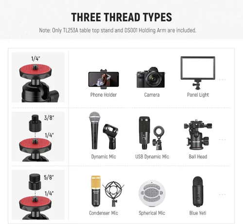 Vista 11 de NEEWER TL253A+DS001 Trípode de cámara de mesa con 2 brazos telescópicos, soporte para teléfono, cabezas esféricas, adaptador de tornillo, soporte