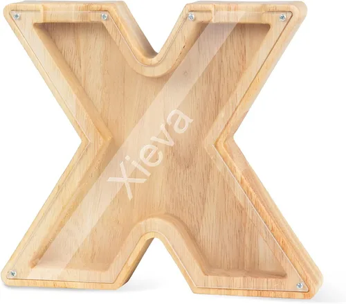 Vista 14 de Alcancía con nombre personalizado, 26 letras láser con texto personalizado, banco de monedas de madera, significado educativo, alcancía con nombre