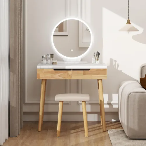 Vista 11 de Juego de mesa de maquillaje YOURLITE con espejo iluminado ajustable de 3 modos, taburete acolchado, mueble tocador para espacios pequeños Juego