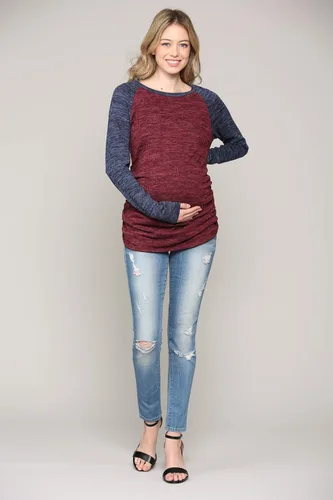 Vista 5 de Suéter de maternidad de punto para mujer, manga larga, fruncido, raglán, casual, camisetas