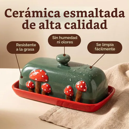 Vista 6 de Mantequera de Cerámica en Forma de Seta con Tapa para Encimera - Bandeja de Contenedor Rojo, Grande Cubierta